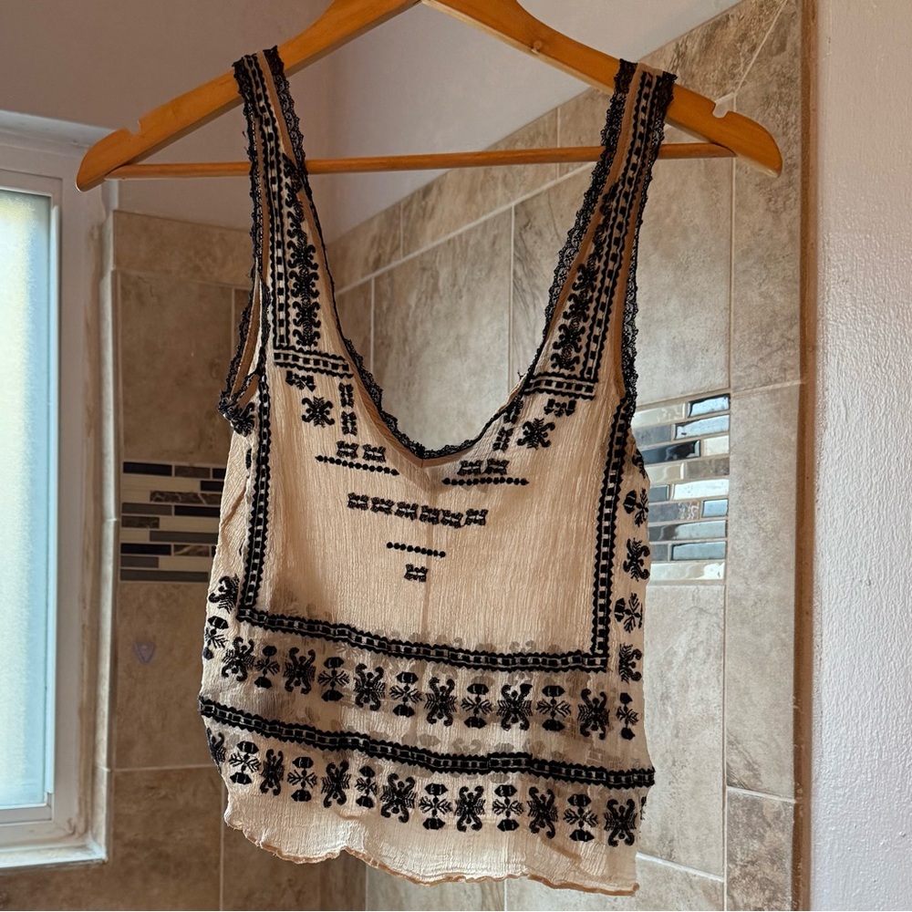 sexy sheer black & cream embroidered lace tank